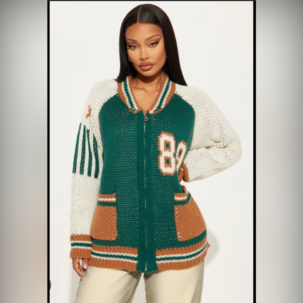 Fashion Nova Knit Cardigan -89 Forever Varsity Front Zip Sweater - Hunter